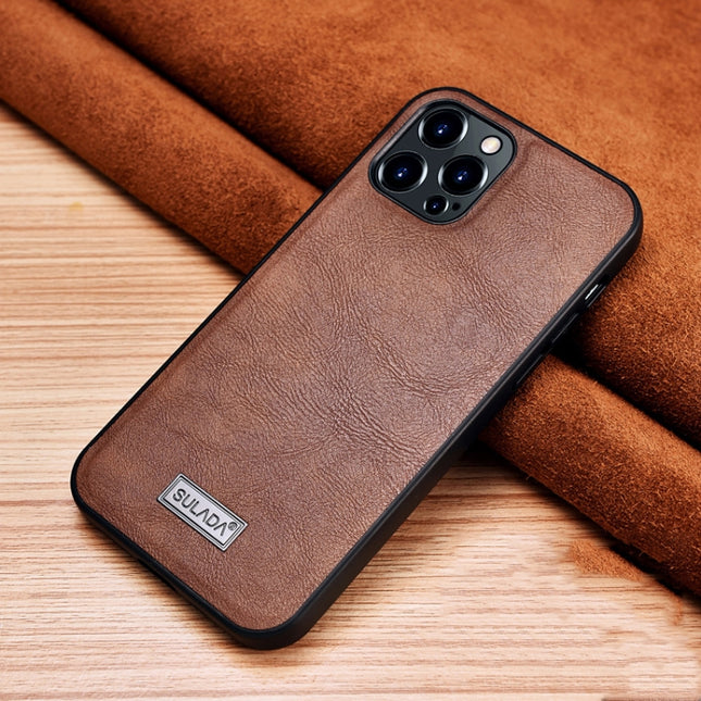 SULADA Shockproof TPU + Handmade Leather Protective Case For iPhone 13 Pro Max(Brown)-garmade.com