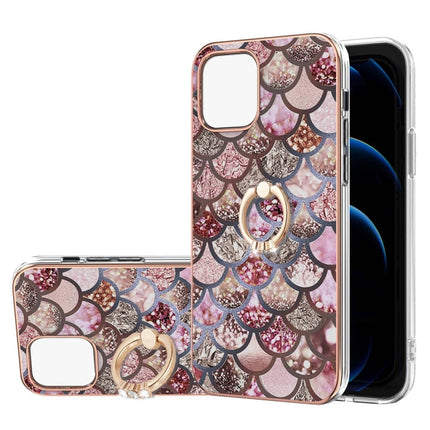 Electroplating Pattern IMD TPU Shockproof Case with Rhinestone Ring Holder For iPhone 13 mini(Pink Scales)-garmade.com