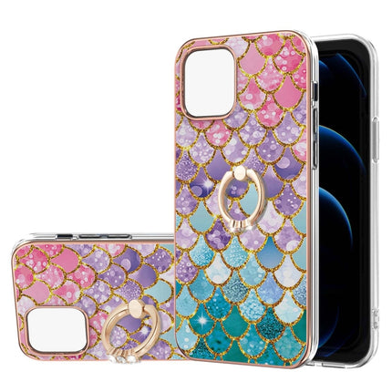 Electroplating Pattern IMD TPU Shockproof Case with Rhinestone Ring Holder For iPhone 13 mini(Colorful Scales)-garmade.com