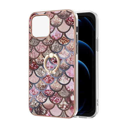 Electroplating Pattern IMD TPU Shockproof Case with Rhinestone Ring Holder For iPhone 13(Pink Scales)-garmade.com