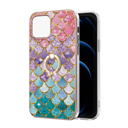 Electroplating Pattern IMD TPU Shockproof Case with Rhinestone Ring Holder For iPhone 13(Colorful Scales)-garmade.com