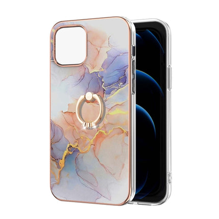Electroplating Pattern IMD TPU Shockproof Case with Rhinestone Ring Holder For iPhone 13(Milky Way White Marble)-garmade.com