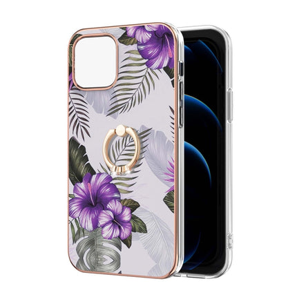 Electroplating Pattern IMD TPU Shockproof Case with Rhinestone Ring Holder For iPhone 13 Pro(Purple Flower)-garmade.com