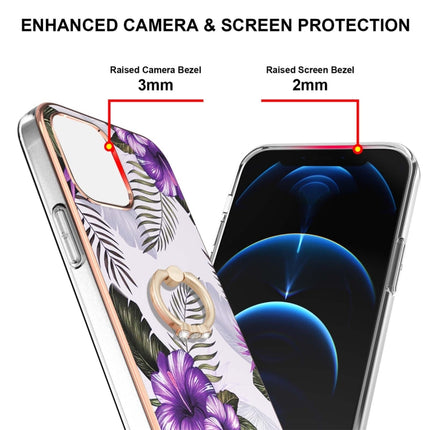 Electroplating Pattern IMD TPU Shockproof Case with Rhinestone Ring Holder For iPhone 13 Pro(Purple Flower)-garmade.com