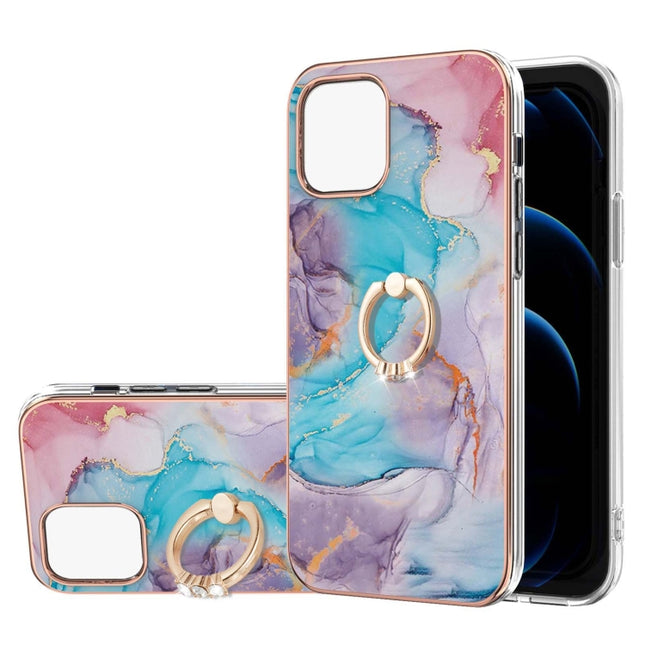 Electroplating Pattern IMD TPU Shockproof Case with Rhinestone Ring Holder For iPhone 13 Pro Max(Milky Way Blue Marble)-garmade.com