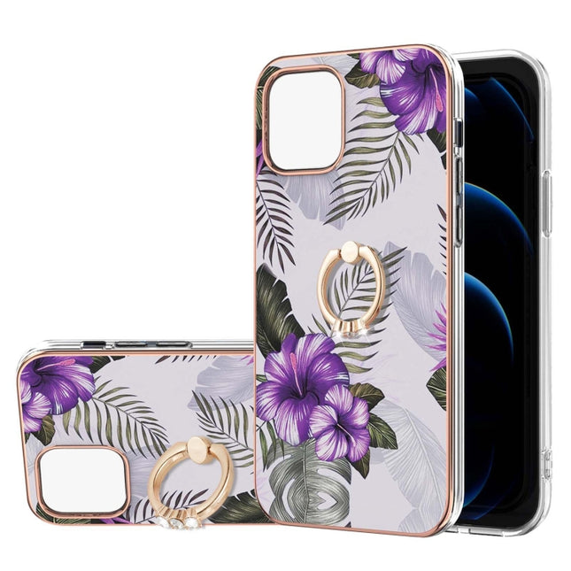 Electroplating Pattern IMD TPU Shockproof Case with Rhinestone Ring Holder For iPhone 13 Pro Max(Purple Flower)-garmade.com