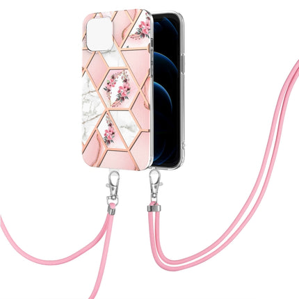 Electroplating Splicing Marble Flower Pattern TPU Shockproof Case with Lanyard For iPhone 13 mini(Pink Flower)-garmade.com