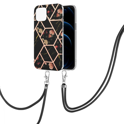 Electroplating Splicing Marble Flower Pattern TPU Shockproof Case with Lanyard For iPhone 13 mini(Black Flower)-garmade.com