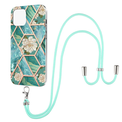 Electroplating Splicing Marble Flower Pattern TPU Shockproof Case with Lanyard For iPhone 13 mini(Blue Flower)-garmade.com