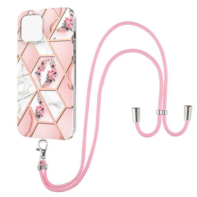 Electroplating Splicing Marble Flower Pattern TPU Shockproof Case with Lanyard For iPhone 13(Pink Flower)-garmade.com