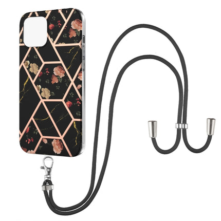 Electroplating Splicing Marble Flower Pattern TPU Shockproof Case with Lanyard For iPhone 13(Black Flower)-garmade.com