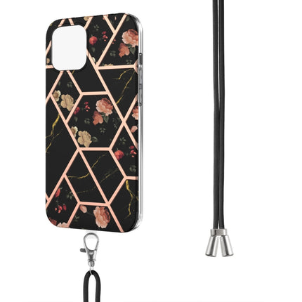 Electroplating Splicing Marble Flower Pattern TPU Shockproof Case with Lanyard For iPhone 13(Black Flower)-garmade.com