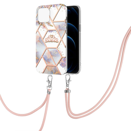 Electroplating Splicing Marble Flower Pattern TPU Shockproof Case with Lanyard For iPhone 13(Imperial Crown)-garmade.com