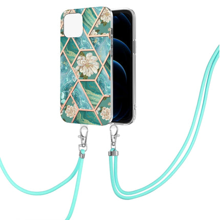 Electroplating Splicing Marble Flower Pattern TPU Shockproof Case with Lanyard For iPhone 13(Blue Flower)-garmade.com