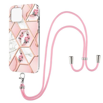 Electroplating Splicing Marble Flower Pattern TPU Shockproof Case with Lanyard For iPhone 13 Pro(Pink Flower)-garmade.com