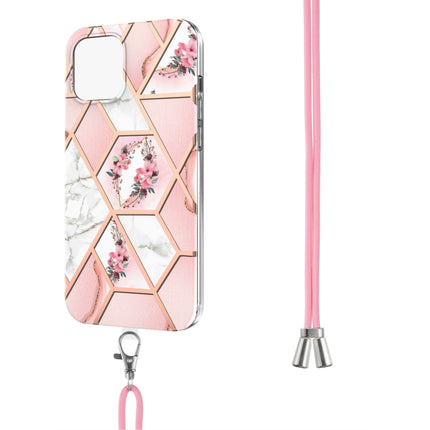 Electroplating Splicing Marble Flower Pattern TPU Shockproof Case with Lanyard For iPhone 13 Pro(Pink Flower)-garmade.com