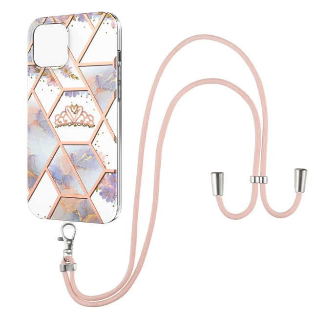 Electroplating Splicing Marble Flower Pattern TPU Shockproof Case with Lanyard For iPhone 13 Pro Max(Imperial Crown)-garmade.com