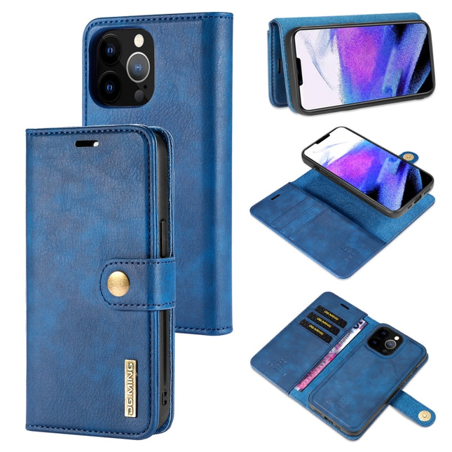 DG.MING Crazy Horse Texture Flip Detachable Magnetic Leather Case with Holder & Card Slots & Wallet For iPhone 13 Pro Max(Blue)-garmade.com