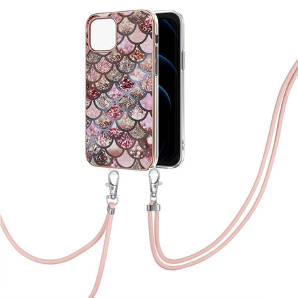 Electroplating Pattern IMD TPU Shockproof Case with Neck Lanyard For iPhone 13 mini(Pink Scales)-garmade.com