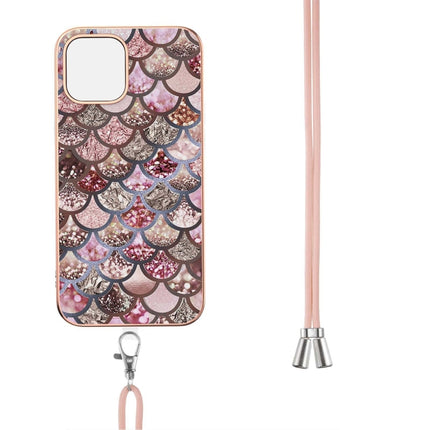 Electroplating Pattern IMD TPU Shockproof Case with Neck Lanyard For iPhone 13 mini(Pink Scales)-garmade.com