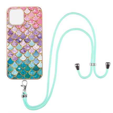 Electroplating Pattern IMD TPU Shockproof Case with Neck Lanyard For iPhone 13 mini(Colorful Scales)-garmade.com