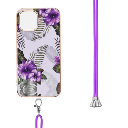 Electroplating Pattern IMD TPU Shockproof Case with Neck Lanyard For iPhone 13 mini(Purple Flower)-garmade.com