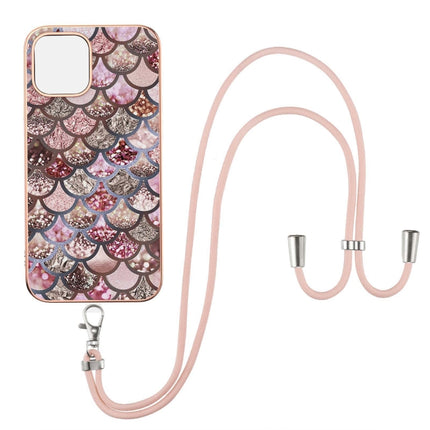 Electroplating Pattern IMD TPU Shockproof Case with Neck Lanyard For iPhone 13(Pink Scales)-garmade.com