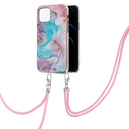 Electroplating Pattern IMD TPU Shockproof Case with Neck Lanyard For iPhone 13(Milky Way Blue Marble)-garmade.com
