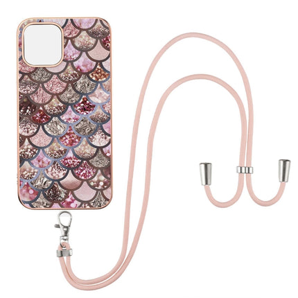 Electroplating Pattern IMD TPU Shockproof Case with Neck Lanyard For iPhone 13 Pro(Pink Scales)-garmade.com