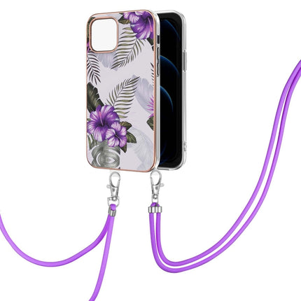Electroplating Pattern IMD TPU Shockproof Case with Neck Lanyard For iPhone 13 Pro(Purple Flower)-garmade.com