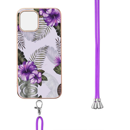 Electroplating Pattern IMD TPU Shockproof Case with Neck Lanyard For iPhone 13 Pro(Purple Flower)-garmade.com