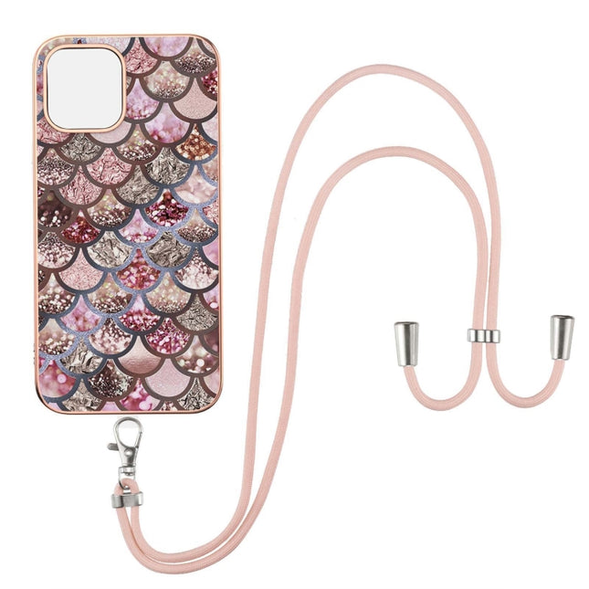 Electroplating Pattern IMD TPU Shockproof Case with Neck Lanyard For iPhone 13 Pro Max(Pink Scales)-garmade.com