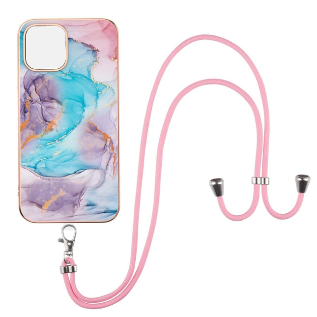Electroplating Pattern IMD TPU Shockproof Case with Neck Lanyard For iPhone 13 Pro Max(Milky Way Blue Marble)-garmade.com