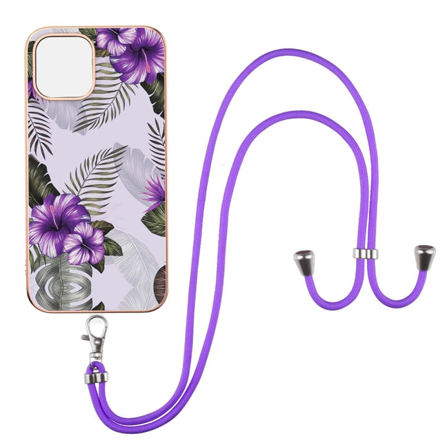 Electroplating Pattern IMD TPU Shockproof Case with Neck Lanyard For iPhone 13 Pro Max(Purple Flower)-garmade.com