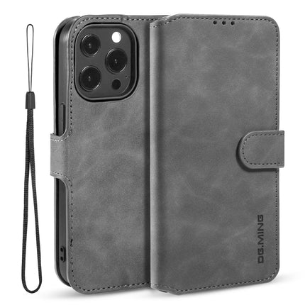 DG.MING Retro Oil Side Horizontal Flip Leather Case with Holder & Card Slots & Wallet For iPhone 13 Pro(Grey)-garmade.com