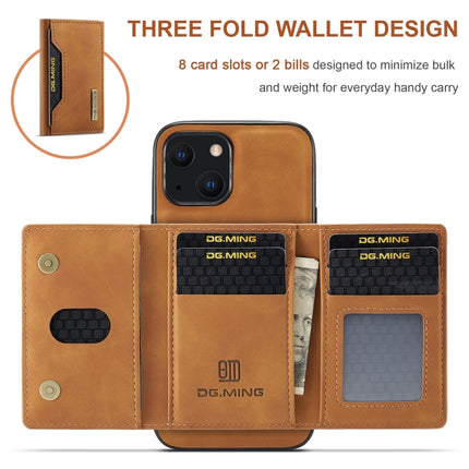 DG.MING M2 Series 3-Fold Card Bag + Magnetic Shockproof Case with Wallet & Holder Function For iPhone 13 mini(Brown)-garmade.com