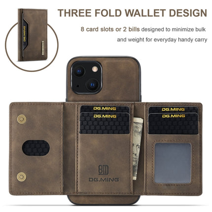 DG.MING M2 Series 3-Fold Card Bag + Magnetic Shockproof Case with Wallet & Holder Function For iPhone 13 mini(Coffee)-garmade.com