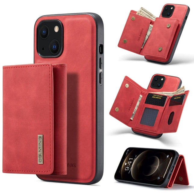 DG.MING M1 Series 3-Fold Multi Card Wallet + Magnetic Shockproof Case with Holder Function For iPhone 13(Red)-garmade.com