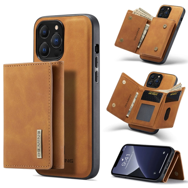 DG.MING M1 Series 3-Fold Multi Card Wallet + Magnetic Shockproof Case with Holder Function For iPhone 13 Pro Max(Brown)-garmade.com
