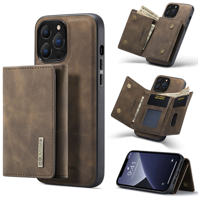 DG.MING M1 Series 3-Fold Multi Card Wallet + Magnetic Shockproof Case with Holder Function For iPhone 13 Pro Max(Coffee)-garmade.com
