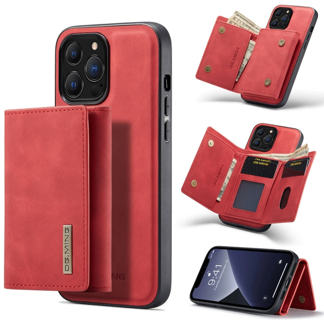 DG.MING M1 Series 3-Fold Multi Card Wallet + Magnetic Shockproof Case with Holder Function For iPhone 13 Pro Max(Red)-garmade.com