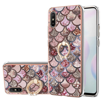 For Xiaomi Redmi 9A Electroplating Pattern IMD TPU Shockproof Case with Rhinestone Ring Holder(Pink Scales)-garmade.com