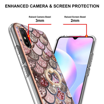 For Xiaomi Redmi 9A Electroplating Pattern IMD TPU Shockproof Case with Rhinestone Ring Holder(Pink Scales)-garmade.com
