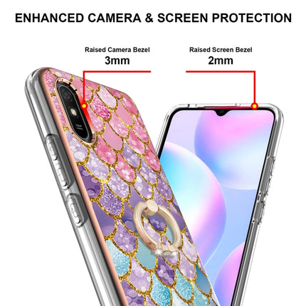 For Xiaomi Redmi 9A Electroplating Pattern IMD TPU Shockproof Case with Rhinestone Ring Holder(Colorful Scales)-garmade.com