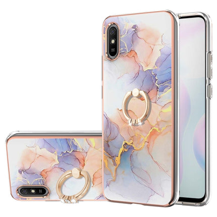 For Xiaomi Redmi 9A Electroplating Pattern IMD TPU Shockproof Case with Rhinestone Ring Holder(Milky Way White Marble)-garmade.com