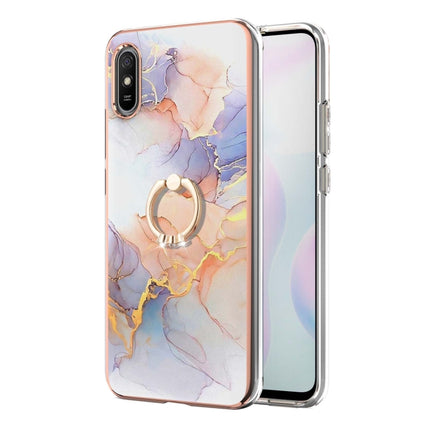 For Xiaomi Redmi 9A Electroplating Pattern IMD TPU Shockproof Case with Rhinestone Ring Holder(Milky Way White Marble)-garmade.com