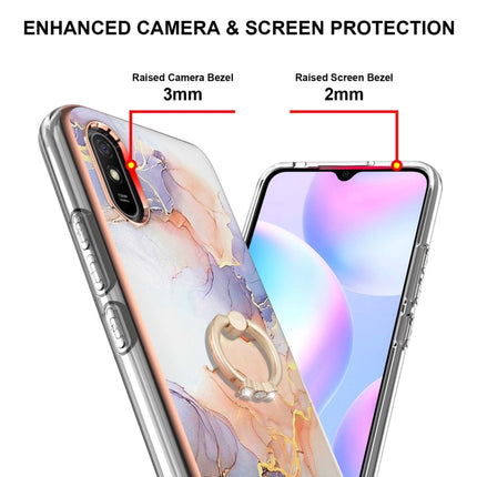 For Xiaomi Redmi 9A Electroplating Pattern IMD TPU Shockproof Case with Rhinestone Ring Holder(Milky Way White Marble)-garmade.com