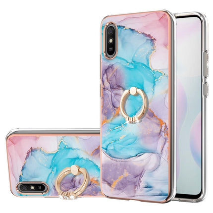 For Xiaomi Redmi 9A Electroplating Pattern IMD TPU Shockproof Case with Rhinestone Ring Holder(Milky Way Blue Marble)-garmade.com