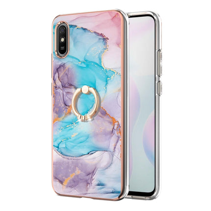 For Xiaomi Redmi 9A Electroplating Pattern IMD TPU Shockproof Case with Rhinestone Ring Holder(Milky Way Blue Marble)-garmade.com