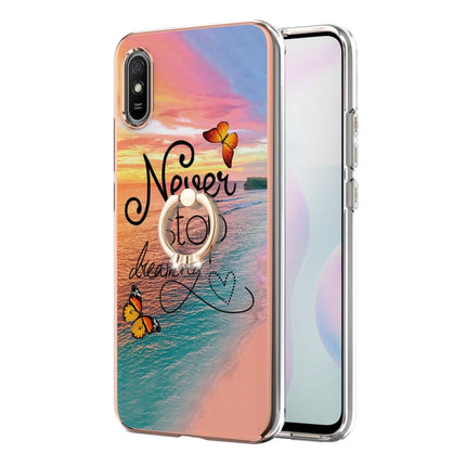 For Xiaomi Redmi 9A Electroplating Pattern IMD TPU Shockproof Case with Rhinestone Ring Holder(Dream Chasing Butterfly)-garmade.com